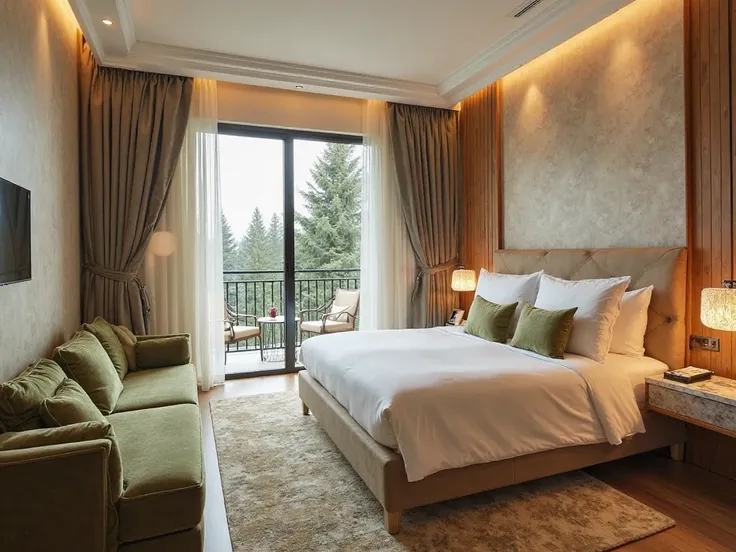 Executive Suite photo ideas at Lago Verde Hotel:

Overall space: luxurious, with king-size bed, seating area, private balcony.

Colours: green moss,  Ivory white , warm beige, create a sense of coziness and luxury.

Highlights:

bunks: White gas, leather h...