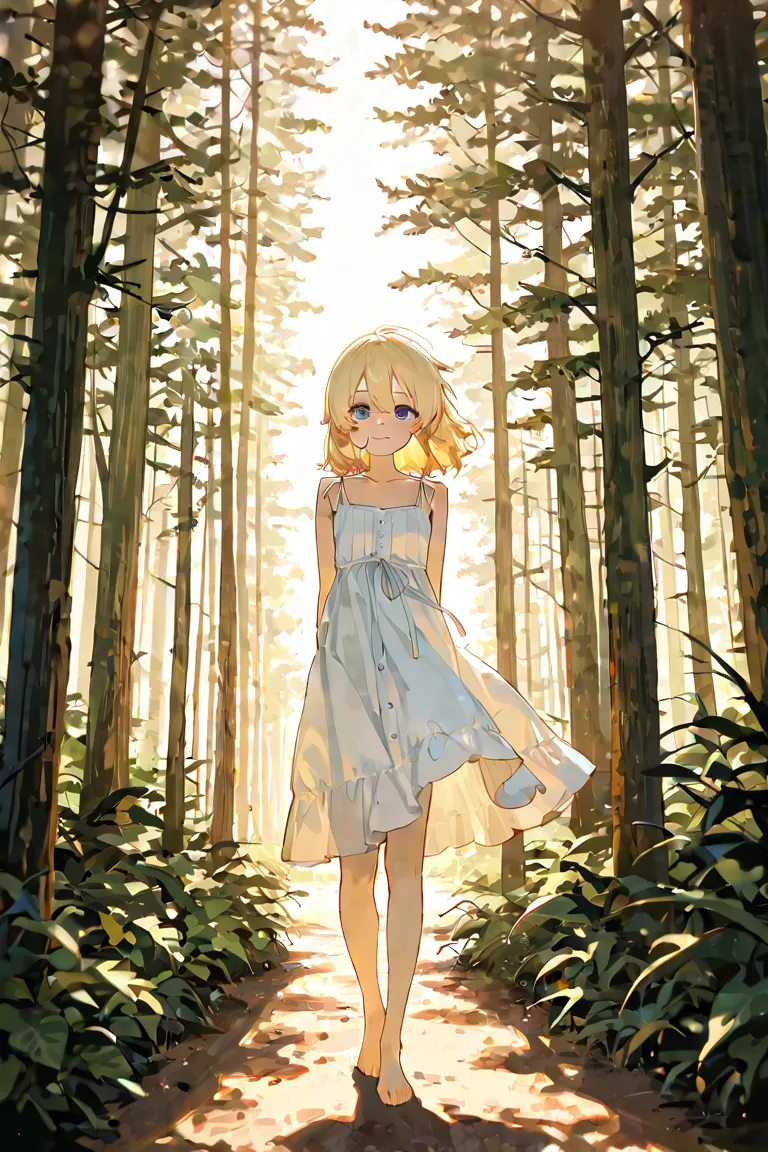 Fourteen-year-old blond girl playing near a redwood forest