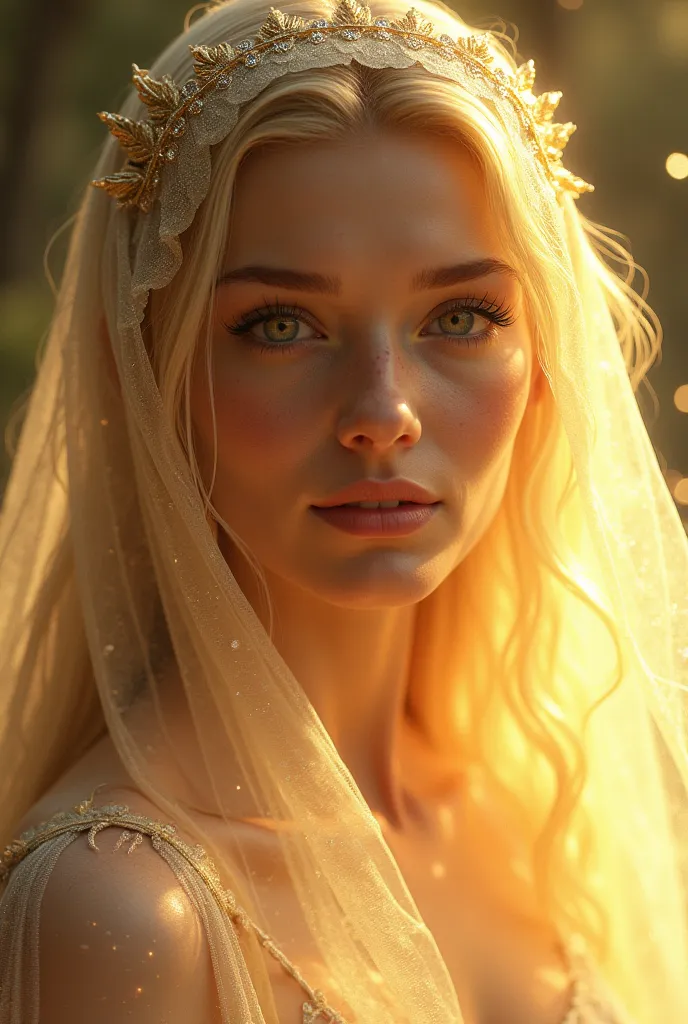 A golden-skinned Goddess, eyes as bright as stars and a veil that seems to be made of light.