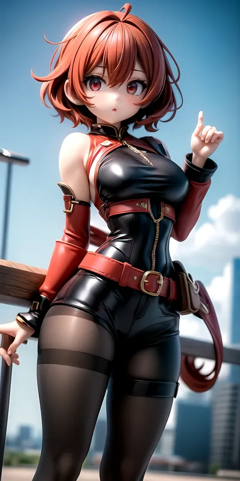 1girl, solo, short hair, red hair, perfect face, red eyes, looking at viewer, cute, :o, parted lips, red general outfit, belt, black pantyhose, cowboy shot, clockwork city in background, masterpiece, high resolution, best quality, 