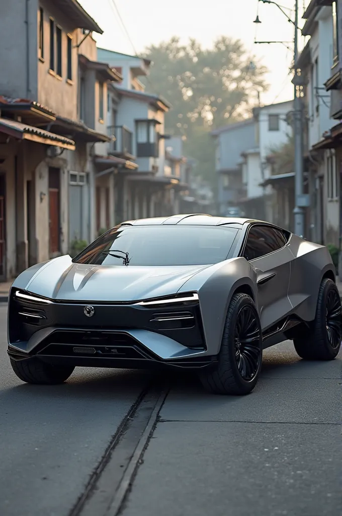 Side aerial view of an SUV-shaped technological car with impressive curves and design. Modern and aggressive look. On a quiet street 