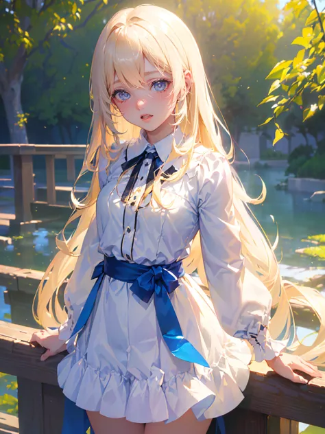 Spring lakeside、((masterpiece, best quality,  best image quality 、blue sky、明るくbeautiful顔、 young, Fair and Radiant Skin、Best Look、blond with a big face，Reflects dazzling light、Beautiful platinum blond with a big face extra long silky straight glossy hair、lo...