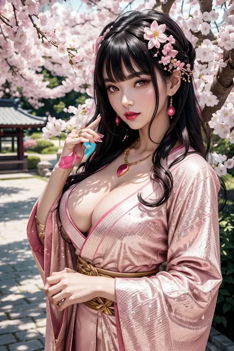  beautiful black hair ,shortcuts,Aligned bangs,Bright red lips,Pink Eyes, white skin,Beautiful Japanese clothing,super image quality,Ultra High Quality,masterpiece,DSLRs,photorealistic, Detailed Details,Vivid details, Detailed ,detailed face, Detailed Deta...