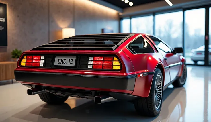 Red shiny colour back side view in delorean dmc-12 old model in  the showroom.The front plate reads "DMC 12"  view highlighted with beautiful  and stylish image.