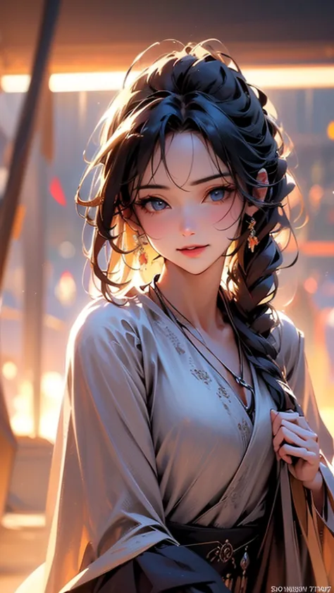 1 Girl, Single, High Resolution, long hair, Chest, Bangs, tea hair, Shut up, character's side, full body，Good Activity Clothes，Milky Way，Stars，artistic, 