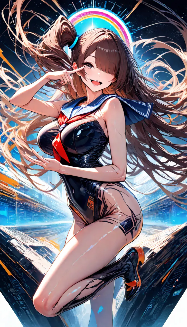 nsfw:1.5，(highest quality:1.2, very well detailed,  latest,  vibrant,  Ultra High Resolution , High Contrast,  masterpiece:1.2, highest quality, Aesthetics at its best), (Small face), (very well detailedな肌:1.2), one woman, (brown hair, side drill, long hai...