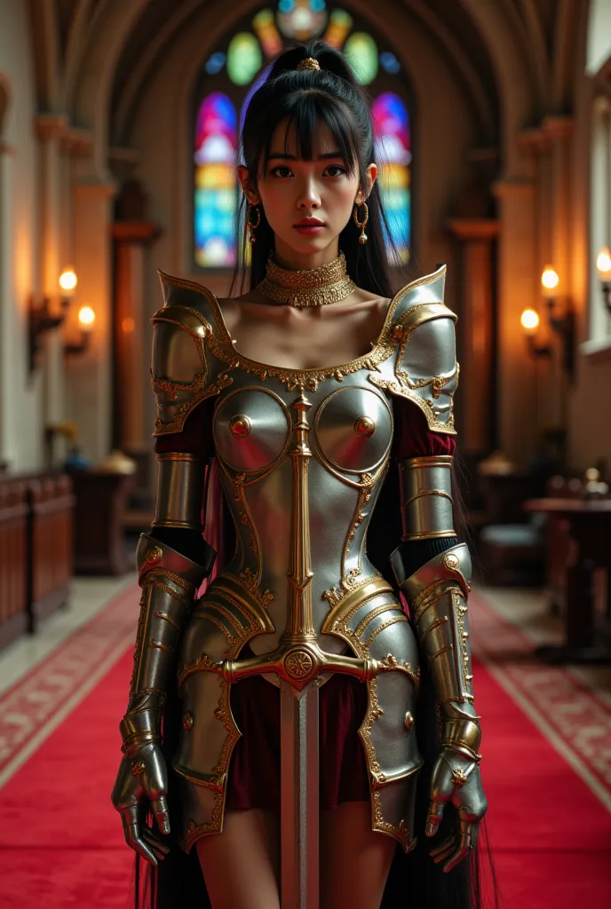 Portray an 18-year-old Chinese girl,  Thin and delicate , cosplaying a Teutonic knight iconic in a stylized and sexy version of the armor. She has an extremely slender body, with small bust,  thin waist and long, thin legs , with a visible space between he...