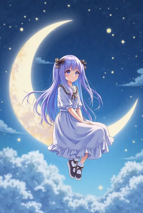 The painting method drawn with a delicate touch is a sparkling life-size illustration of a person sitting on the moon、girls with light blue and purple hair and full bangs、Wear a crescent moon hairpin、Half Twin Tails、clothes are landmine mass-produced fashi...