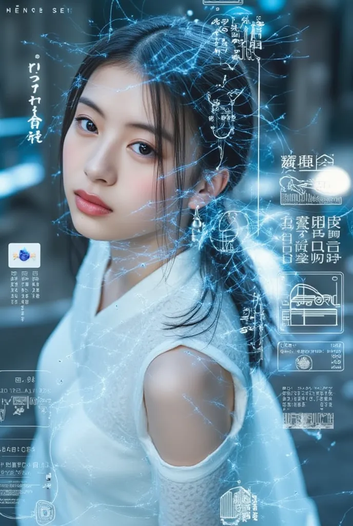 Android Girl Blueprint, (masterpiece:1.2, Exceptional Quality, mirror-like, Cinematic Experience, Photorealistic:2.0, RAW Photos:2.0, Super detailed), 8k,wallpaper, (Representing blueprints through holograms:2.0), (Beautiful woman:2.0), Female Cyborg, Whit...