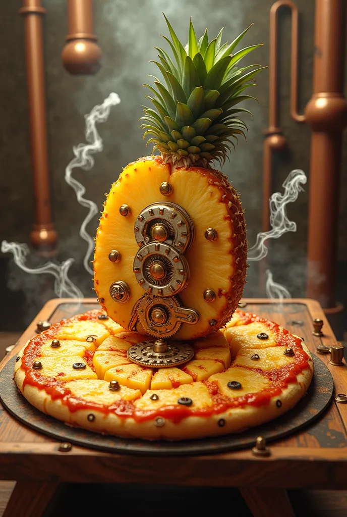 A steampunk-style pineapple pizza 