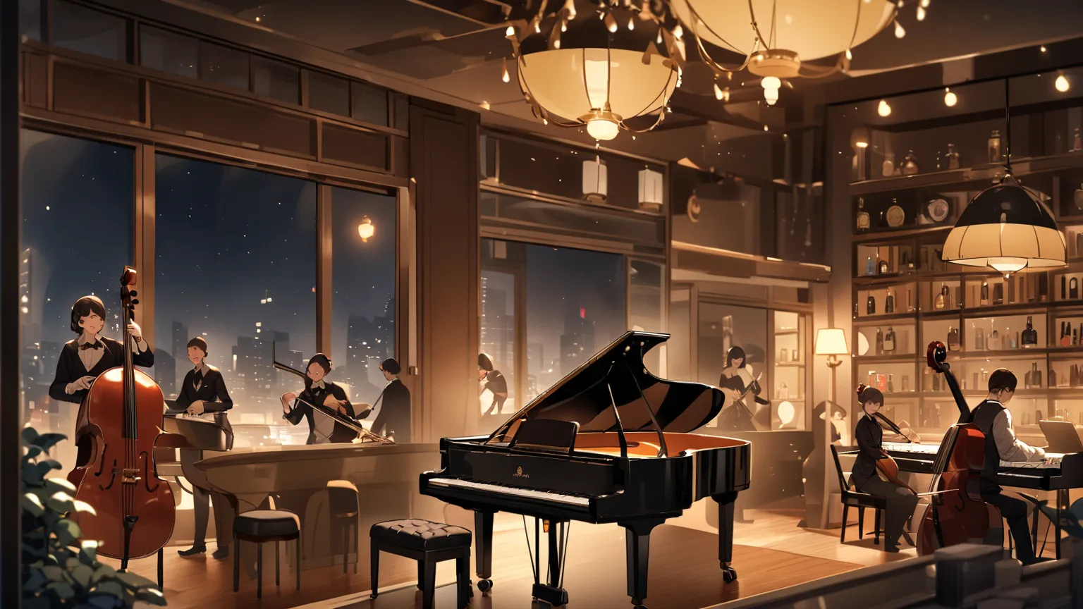 A jazz bar with an antique interior depicting silhouettes of musicians playing musical instruments. A piano/ drums/ Electric Guitars/cello is set up in the back。There is a window with a night view, creating an elegant atmosphere .