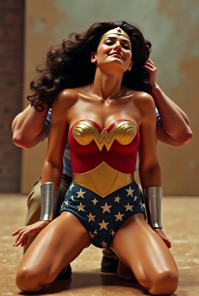  Cruel man overwhelmingly defeats Lynda Carter's Wonder Woman on her knees, he held behind her waist and hair, she screams in pain with her breasts that are unusually very large and her head pulled back