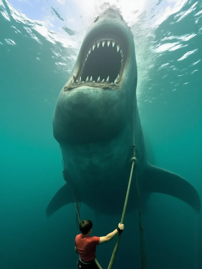 Make this realistic, nearly get a megalodon attack in the backround 