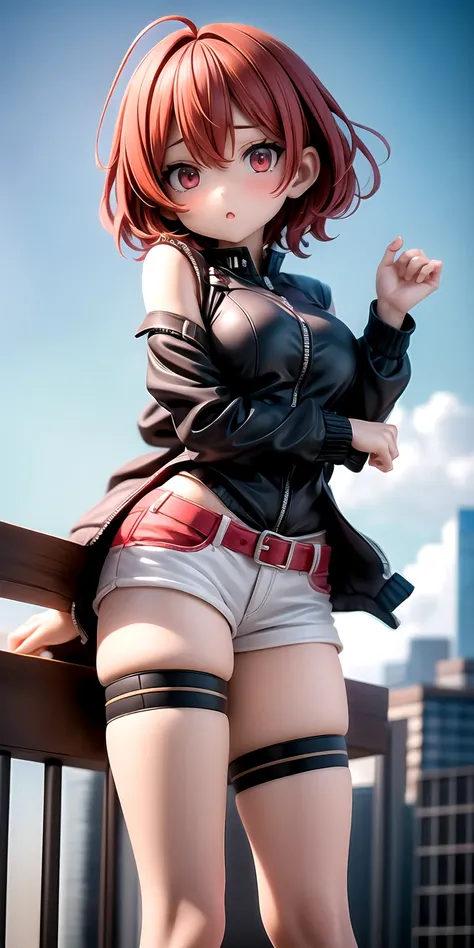 1girl, solo, short hair, red hair, perfect face, red eyes, looking at viewer, cute, :o, parted lips, red top, red short shorts, cowboy shot, clockwork city in background, masterpiece, high resolution, best quality, 