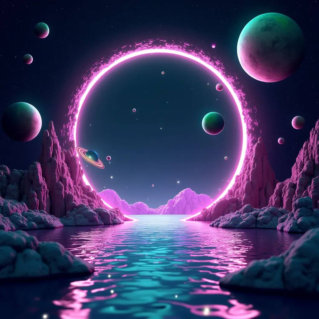 Round frame centered, Outer space, planets passing through the portal, neon colors green and violet, effect 3d, motion.