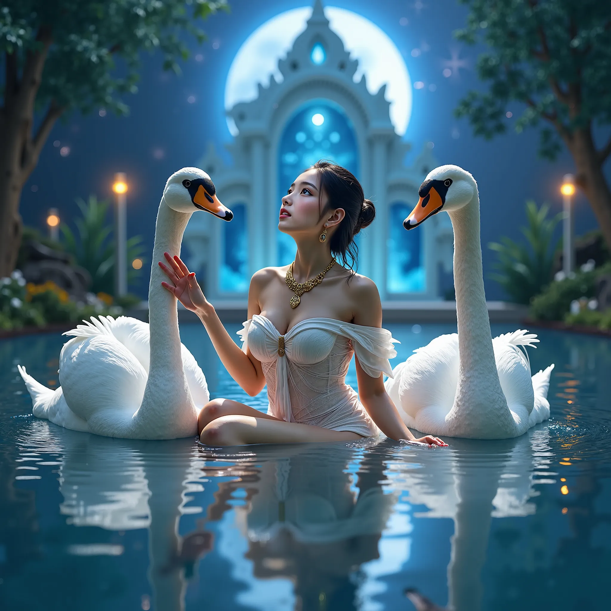 Digital Fantasy Art, Cheerful Swan -Woman Having Fun Bathing, Beautiful Girl Face, Asian Beauty Queen Body Big-Breastsed-Woman, Big-Wings, Deep people Wet Ancient See-through Thai Dress, Ancient Thai Jewelry, Having Fun Bathing In Magic Pool With White Swa...