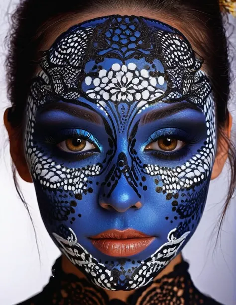 ultra realistic Abstract face painting created with black light from dust and coals, shadows, penumbra, contrast, cinematic light, patterns, lace, ornament, makeup, flower, bee, lines, dots, color diffusion, texture 