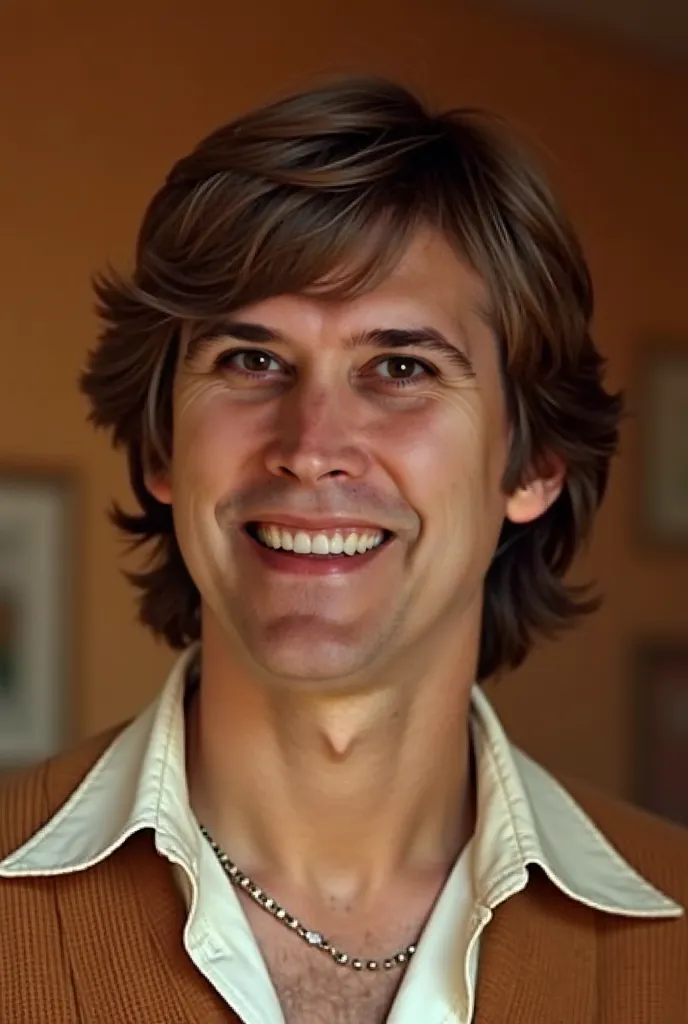 "A young George Lowe, around 20 years old, smiling with a confident and charismatic expression. He has short brown hair, a clean-shaven face, and is wearing a casual 1970s-style outfit. The background is warm and inviting, with soft lighting highlighting h...