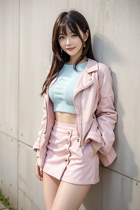   A Japanese model wearing a pastel pink mini two-piece is leaning against a wall、semi-long black hair、 miniskirt、Pastel pink jacket、Elegant and attractive clothes,  looking at camera、 beautiful eyes in every detail 、 cute smile up to the knee、 Gentle and ...