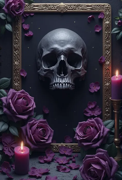 tarot card frame, WITH DARK PURPLE CANDLES, Black Skull,dark purple roses