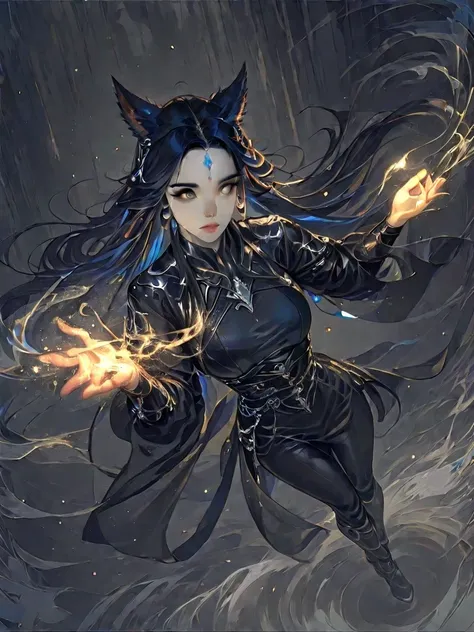 Best quality, extreme details, hdr, masterpiece, perfect eyes, 1female, absurdes, clean lines, ombré colors, extreme bold outlines, perfect hands, guweiz 

very detailed full body of a female miqo’te, keepers of the moon, extreme long dark blue hair straig...