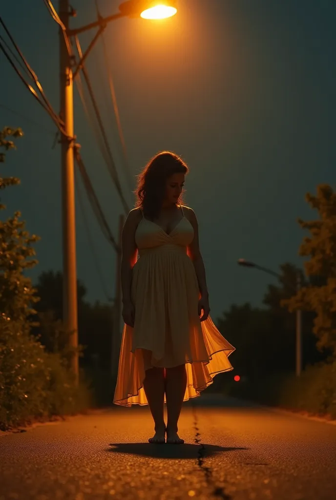 A Lone Figure of woman Under a Streetlamp, fully clothed, summer dress, gigantic breasts