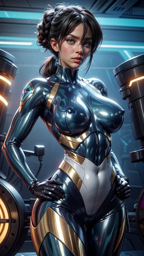    score_9,   score_8_high,   score_7_high,   20 years old 1 girl  , Alone,   muv-luv pilot body made of shiny and shimmering latex  ,  blue skin-tight futuristic body with golden stripes, light Reflexions highlight her body,  huge breasts , chubby waist  ...