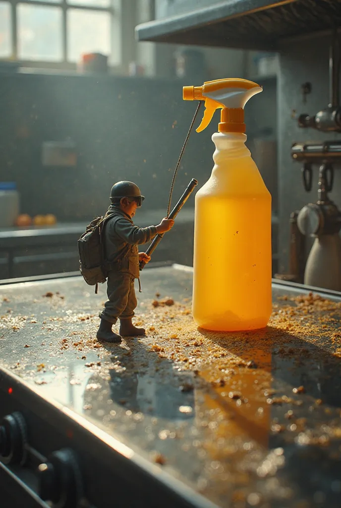 A tiny figure scrubbing a massive stovetop with a giant Citro spray bottle, removing thick grease stains. The cleaned surface sparkles, with a fresh citrus scent filling the air
