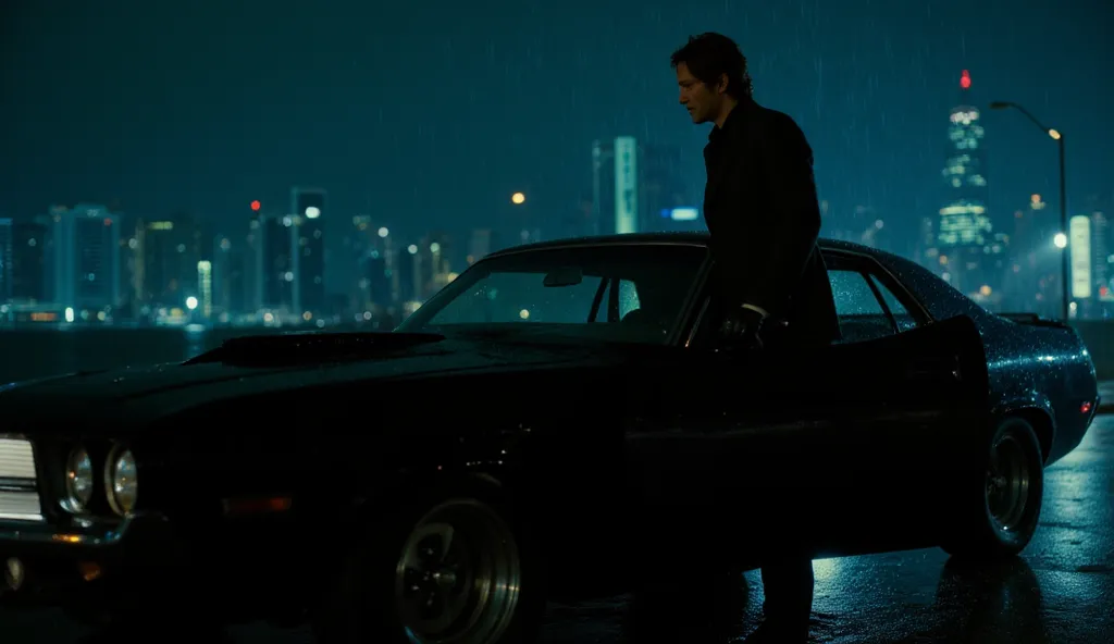 Scene: Keanu Reeves steps out of a sleek black muscle car on a rainy night. The city skyline glows behind him as he adjusts his leather gloves and scans the horizon.

Camera Angle: Slow-motion hero shot, low angle with raindrops falling in sharp focus.

Li...