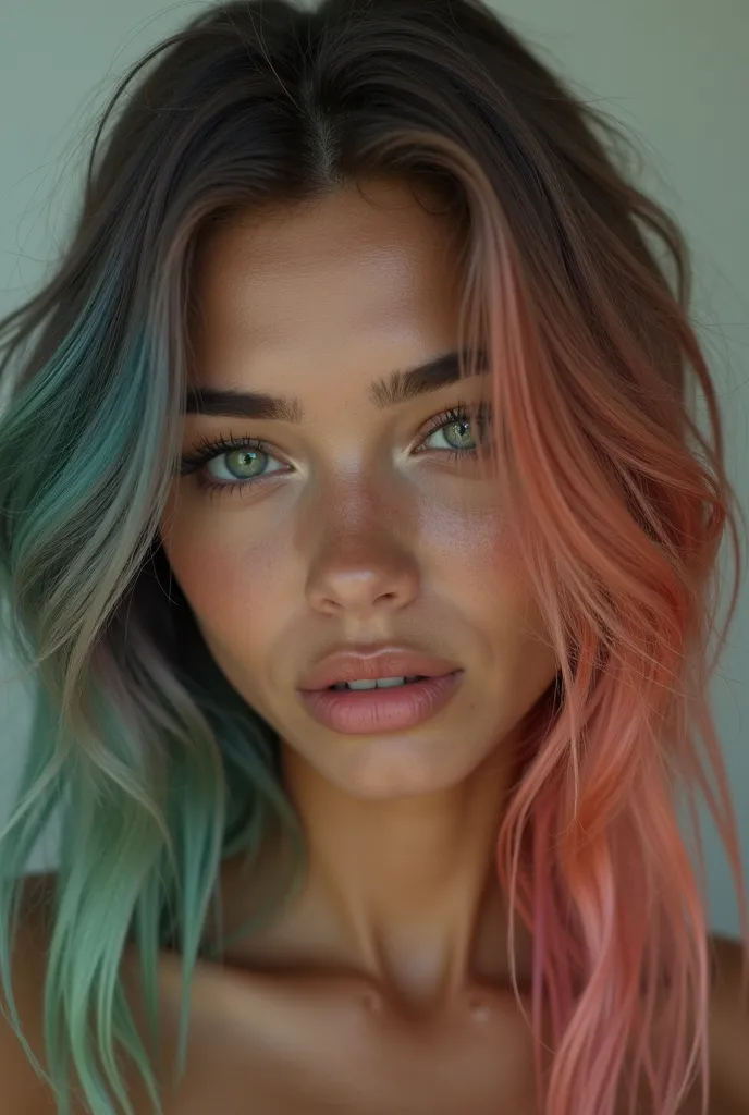 A REAL WOMAN WITH STRAIGHT RAINBOW-COLORED HAIR ,she has brown skin, HER EYES ARE EMERALD GREEN, SHE HAS BIG LASHES,She has a fleshy mouth,HER EYEBROWS ARE WELL DONE ,SHE HAS A DIMPLE ON THE SIDE OF HER MOUTH ,HER TEETH ARE STRAIGHT AND SHE HAS 2 CANINES S...