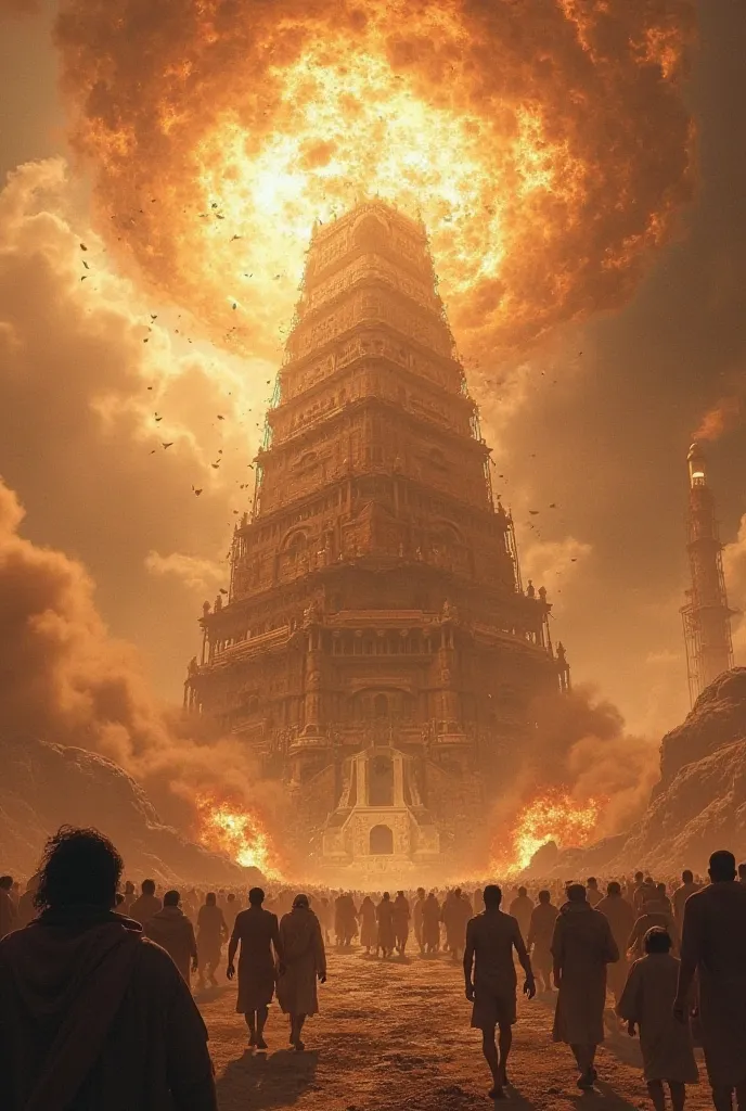 A scene of chaos as a massive explosion engulfs the Tower of Babel. The structure is crumbling, and a giant shockwave radiates outward. People are running in fear, while a mysterious divine force or unknown energy appears to be causing the destruction.