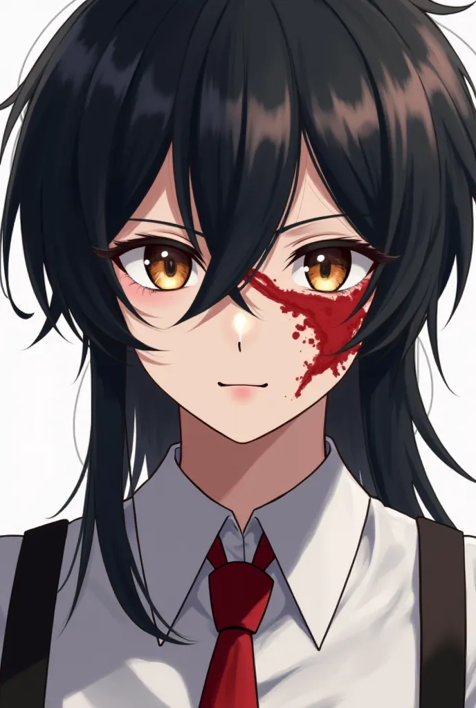 male anime with black hair and that reaches up to the shoulders, two eyes of different colors (brown and light blue),A scar  (big, notorious and red) on his face that reaches from the eyebrow to the lips, with semi-elegant clothes with straps and red tie 