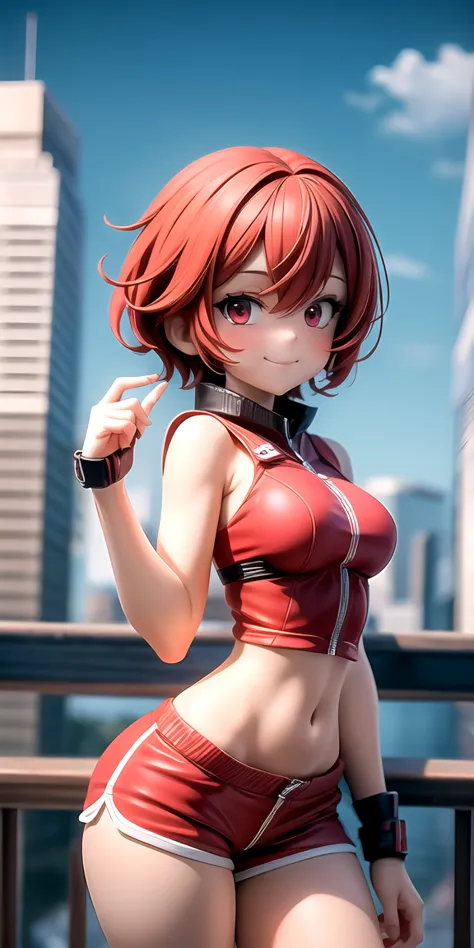 1girl, solo, short hair, red hair, perfect face, red eyes, looking at viewer, cute, smile, :3, closed mouth, red top, red short shorts, cowboy shot, clockwork city in background, masterpiece, high resolution, best quality, 