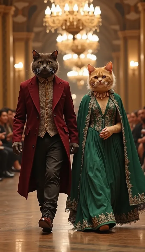 Prompt 3
A chocolate-brown Burmese male cat and a warm cream Persian female cat (both CATS, fully covered with elegant high-neck outfits, walking forward elegantly) model in a grand Parisian ballroom runway show under golden chandeliers. The male cat wears...