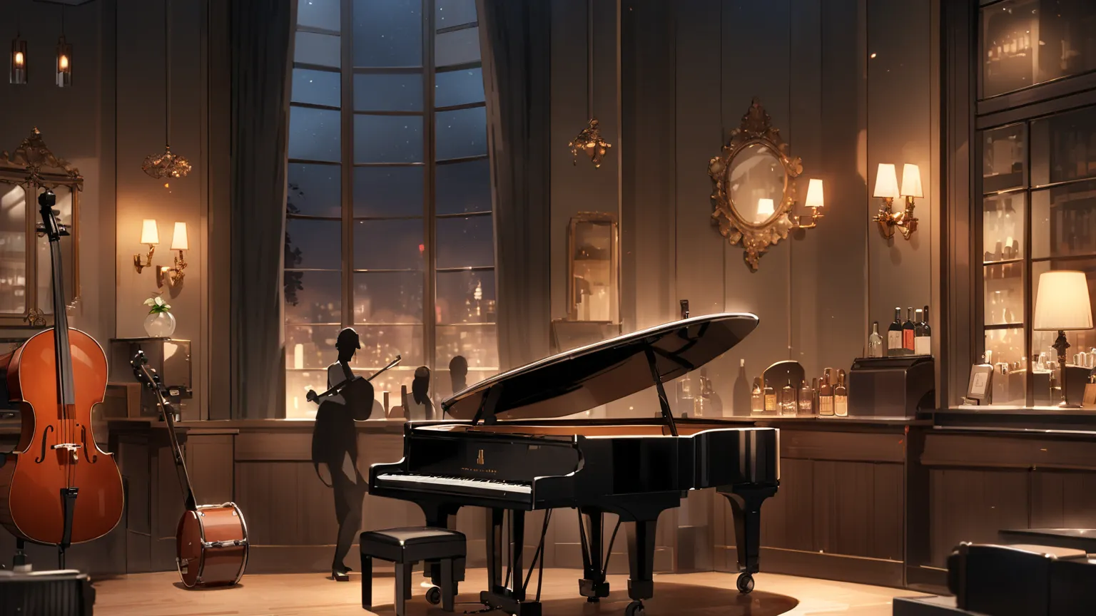 A jazz bar with an antique interior depicting silhouettes of musicians playing musical instruments. A piano/ drums/ Electric Guitars/cello is set up in the back。There is a window with a night view, creating an elegant atmosphere .