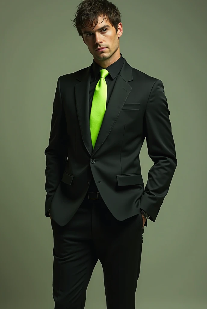 Generate a picture of a man standing, wearing a black tuxx, with black sando for the inner, and has neon green necktie which is put on in a messy style. Wearing a black slacks and black shoes. The hair is kind of wet and messy looking.