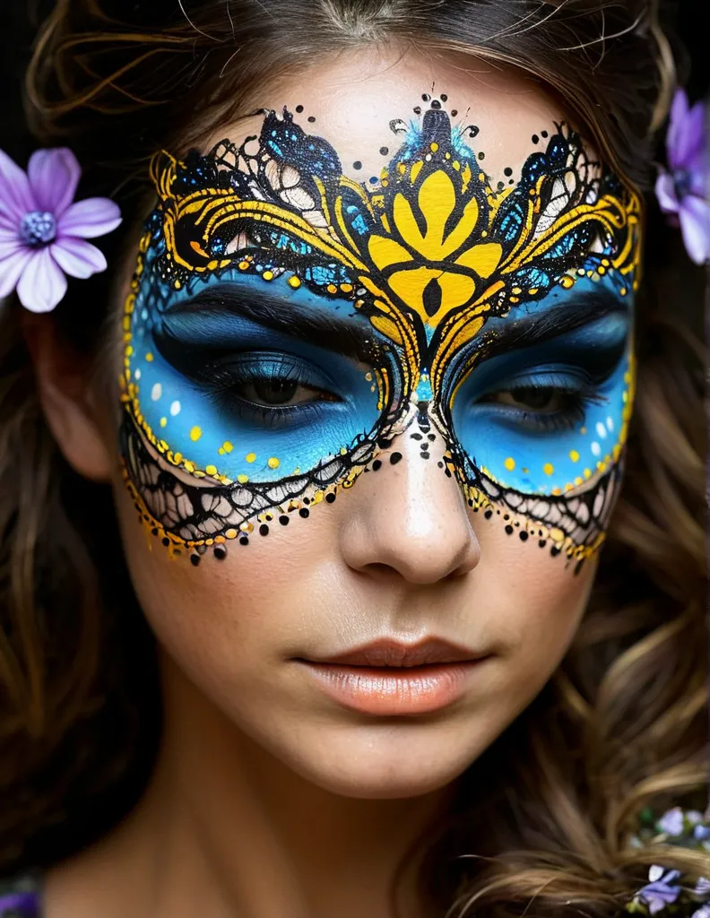 ultra realistic Abstract face painting created with black light from dust and coals, shadows, penumbra, contrast, cinematic light, patterns, lace, ornament, makeup, flower, bee, lines, dots, color diffusion, texture 