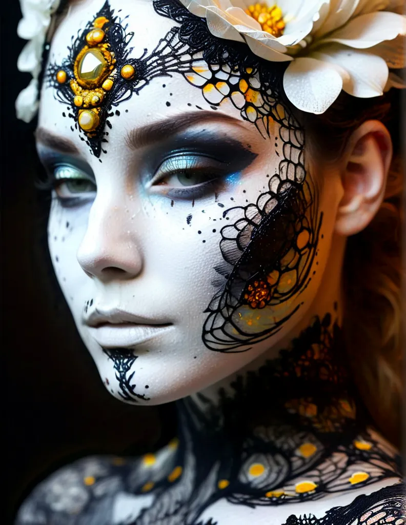 ultra realistic Abstract face painting created with black light from dust and coals, shadows, penumbra, contrast, cinematic light, patterns, lace, ornament, makeup, flower, bee, lines, dots, color diffusion, texture 