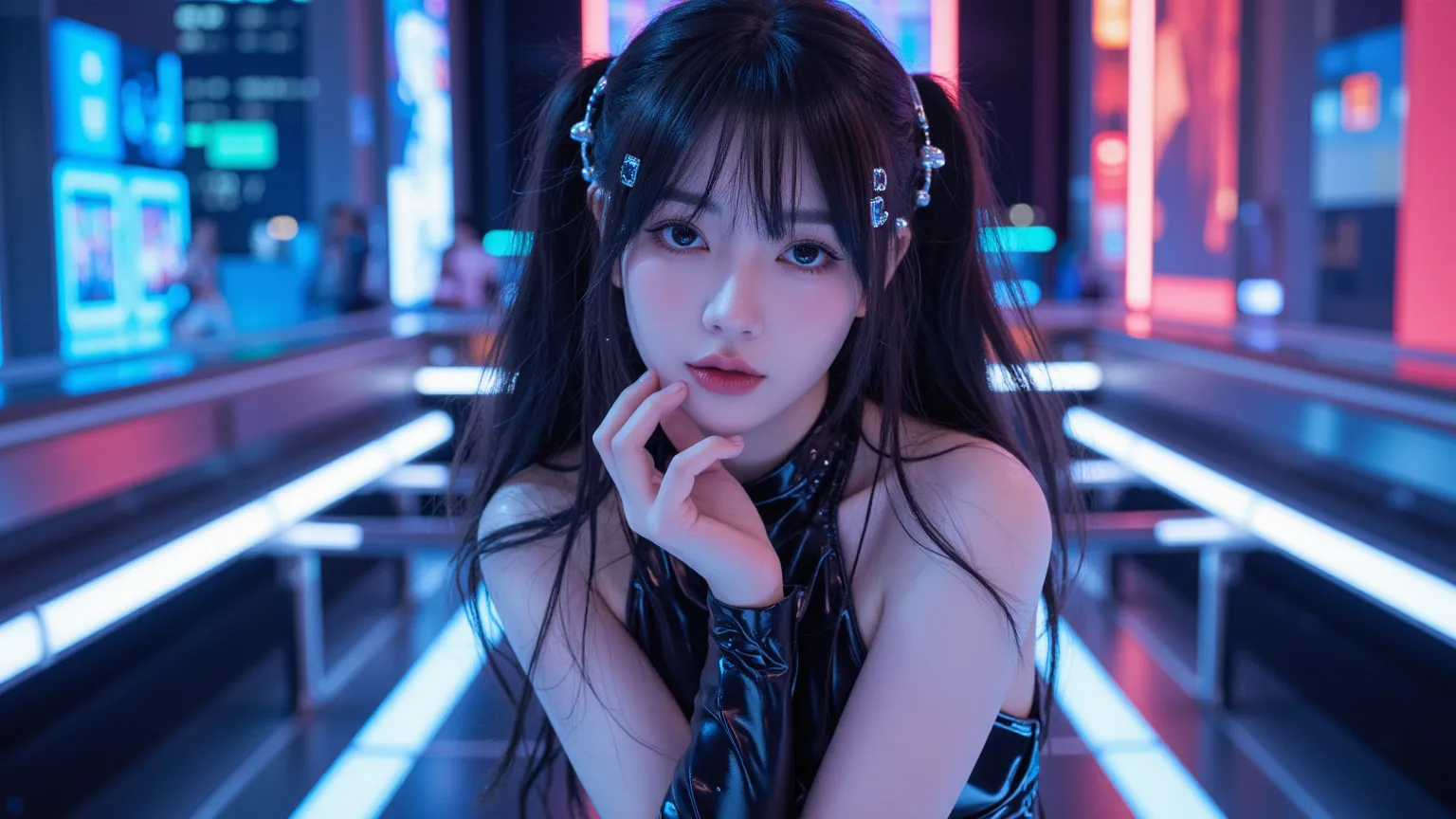 A stunning cyber idol performing on a neon-lit futuristic stage, surrounded by holographic lights and digital effects. She has long, glowing hair with circuit-like patterns, and her eyes shimmer like data streams. Her sleek, high-tech outfit reflects the v...