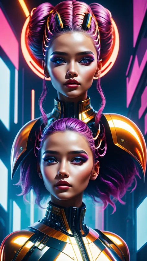 girl from futuristic art, (better quality, high resolution, human development report), Detailed facial features, penteado intrincado, metallic feel, Shiny surface,  Dynamic Poses,  bright colors,  surreal lighting , abstract perspective, ( Cyberpunk, conce...