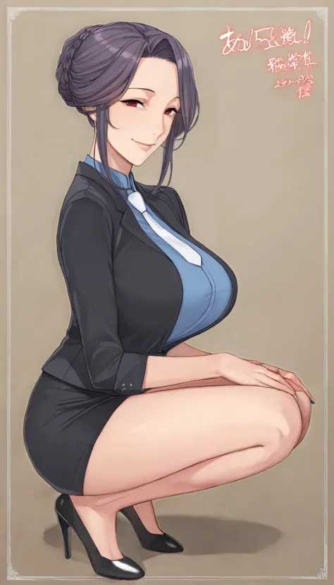 score_9, score_8_up, score_7_up, 
1 girl crouching, Sakurai Sawa, purple hair, mature woman,  long side lock, braided bun, red eyes, big breasts,

smile, viewer, blue shirt, Black Jacket,micro pencil skirt,high heels, tie, 


