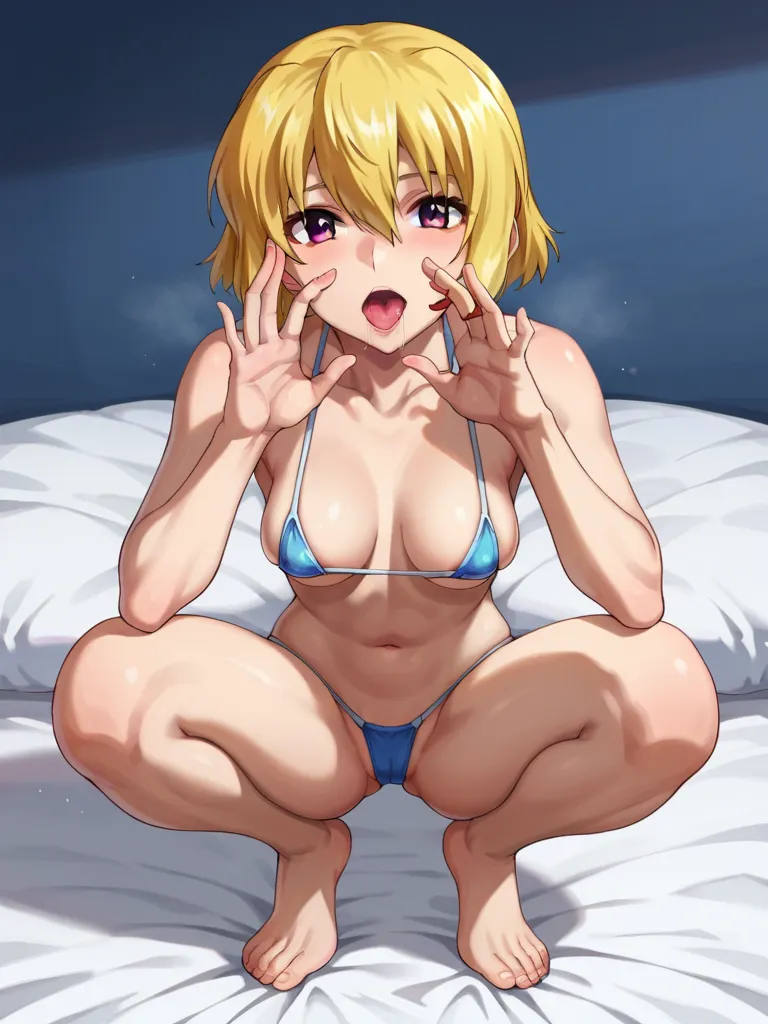 score_9,score_8_up,score_7_up,score_6_up,score_5_up,score_4_up,anime coloring, source_anime,Stella,1 girl crouching,Alone,purple eyes,blond hair, short hair,per body,viewer, high quality,masterpiece,Very Detailed Viewing Viewers, , on the bed　reflect the w...