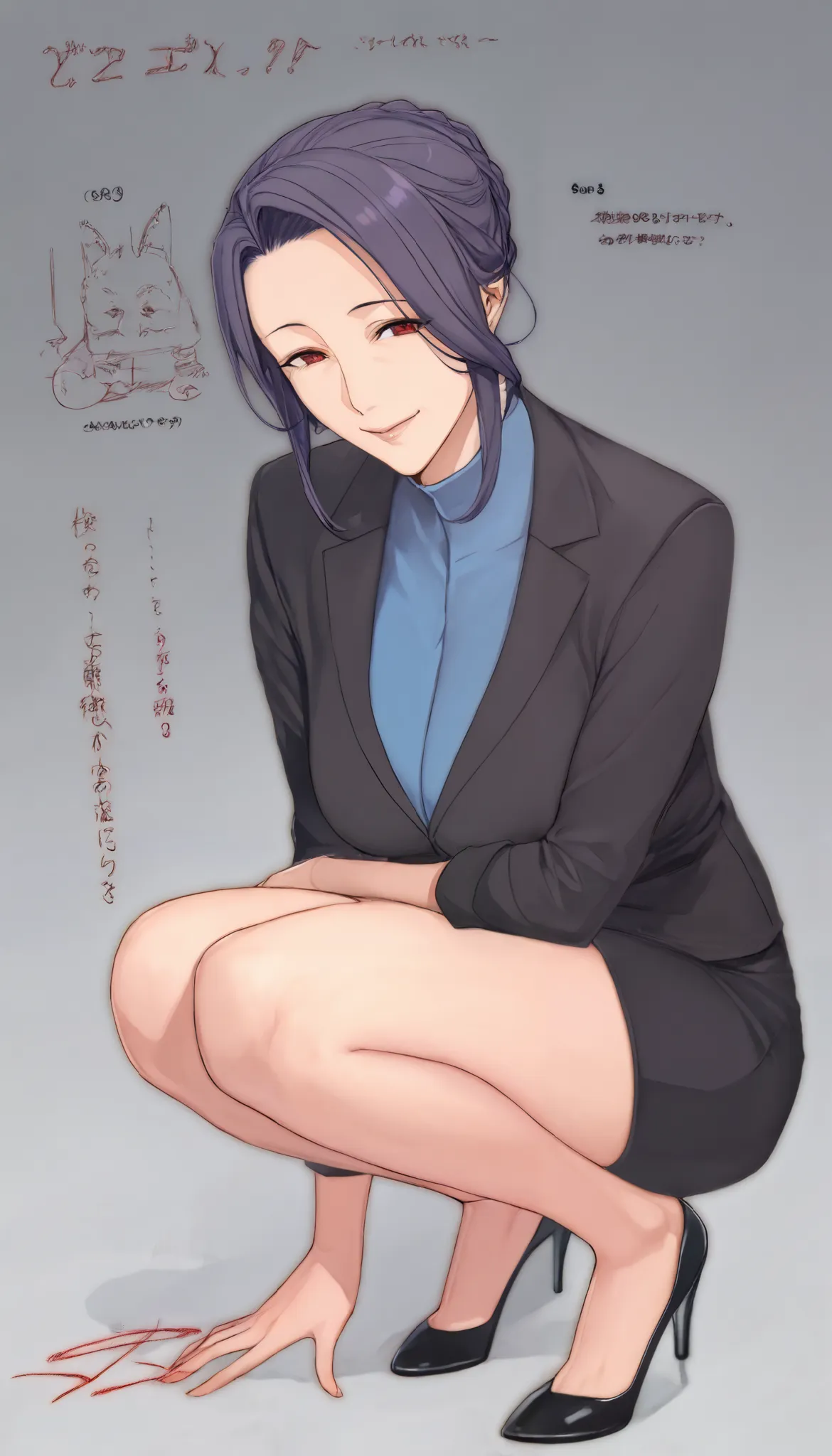 score_9, score_8_up, score_7_up, 
1 girl crouching, Sakurai Sawa, purple hair, mature woman,  long side lock, braided bun, red eyes, big breasts,

smile, viewer, blue shirt, Black Jacket,micro pencil skirt,high heels, tie, 


