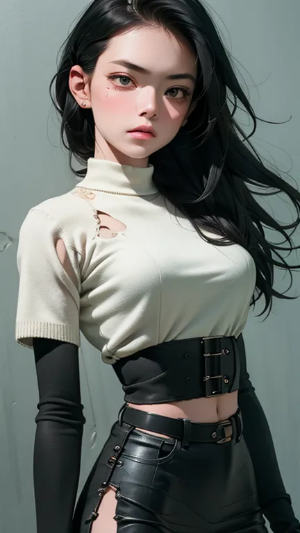 8k, masterpiece, top quality, close-up, low angle,  long black hair,  serious expression, pale green, Damaged knit ,  mini dress , Low Waist , Crop, Fracture,  form fitting, Dark gray walls, contrast lighting,  centered subject .
