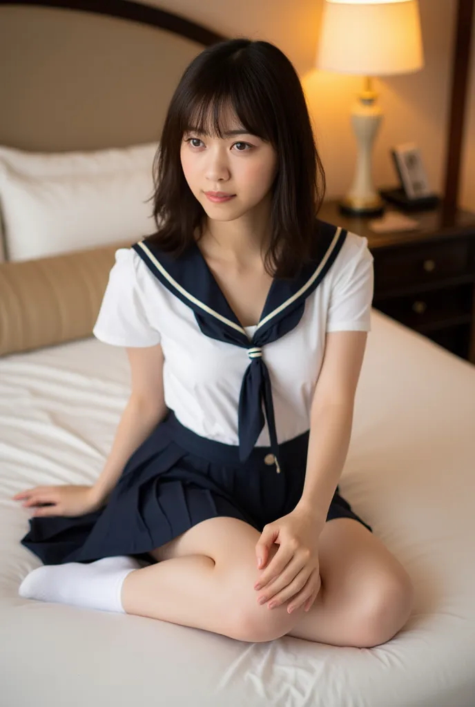 (Masterpiece, Best quality:1.4), (Ultra realistic, Photo-realistic:1.3), (Wearing Sailor suit, White short sleeve:1.2), (Dark navy skirt:1.2), (Wearing white sock), (small breasts), Natural light, 20 years old actor, Japanese woman, Neat and clean, (Short ...