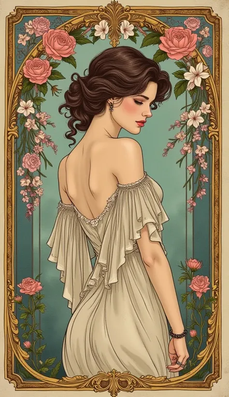 Art Nouveau poster: A woman in a gilded frame surrounded by floral patterns and decorative elements in the style of stained glass.  The style of Alphonse Mucha. Vintage handmade.  Sepia. Old, worn paper. Stylized image. A beautiful young woman in a gracefu...