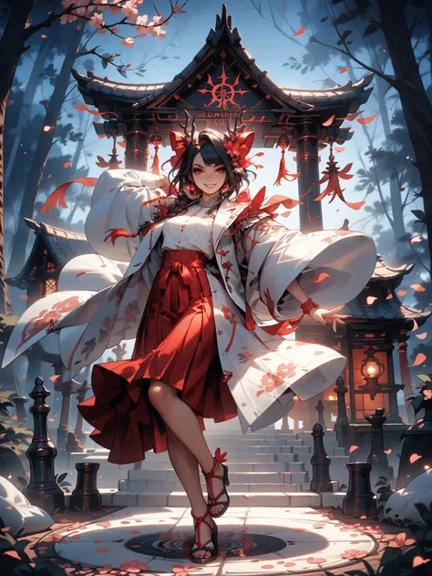 from front, full body, look at viewer,A shrine maiden with beautiful hair illuminated by moonlight(Deep Smile, black hair,supple and curved proportions that glow in Prism School's rainbow colors),( Dancing Japanese Dance ,dynamic pose,）Chanting a spell（Sum...