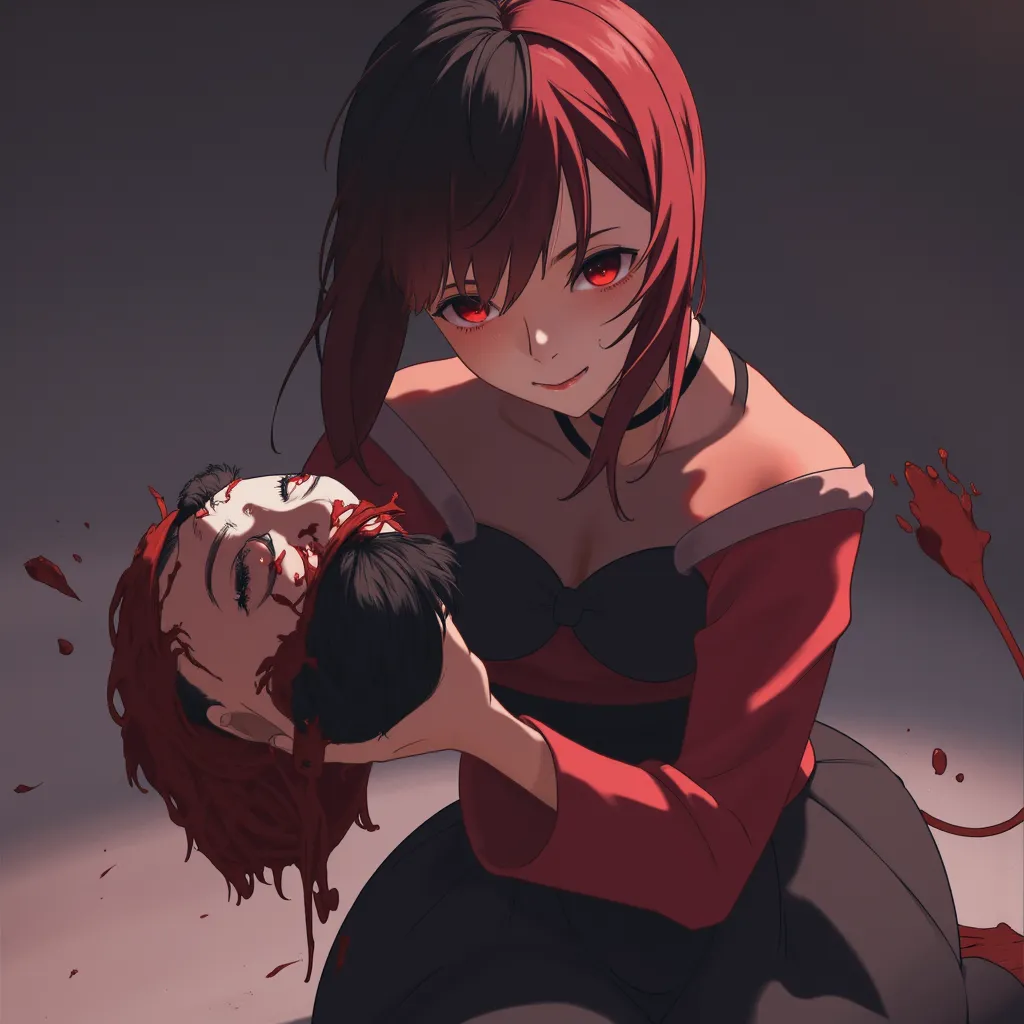 Anime girl killing a woman and holding A Decapitated man's head While smiling