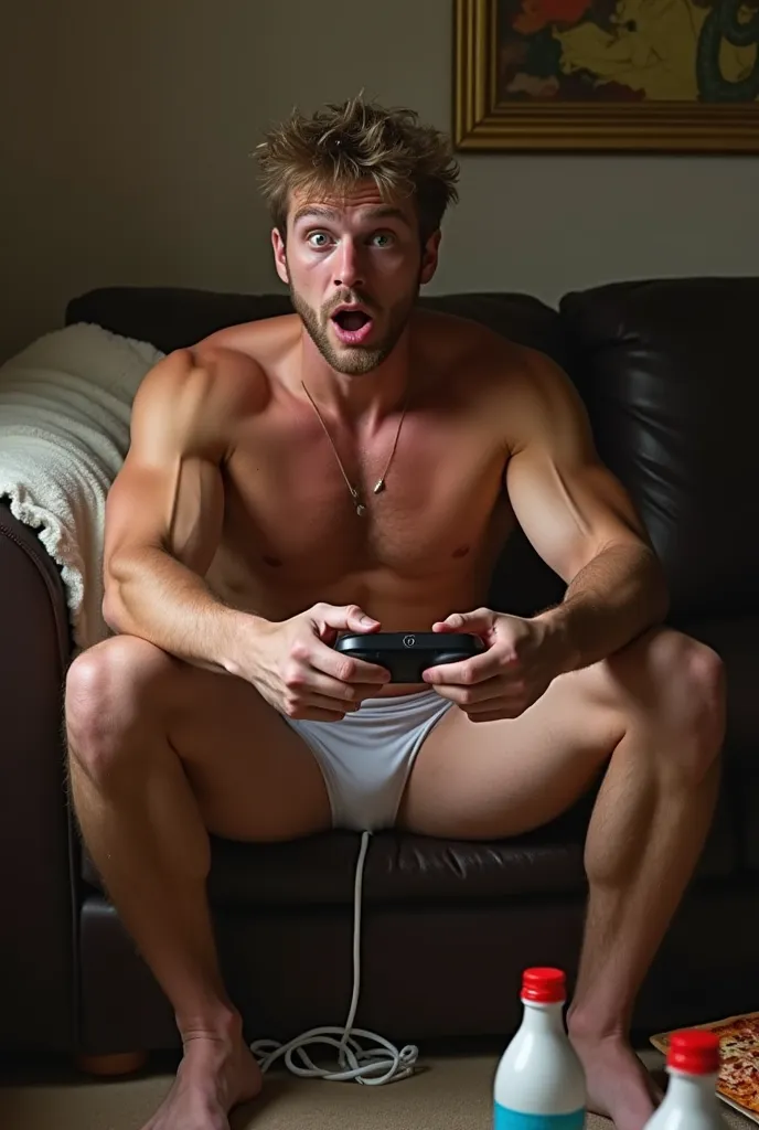 Muscular sweaty man, drunk, Sensual, In thongs or briefs,  hair, sitting on the couch,  playing video game, drinking, bulge and briefs on the floor, beverage bottles and pizza boxes, , clear and friendly environment, Homo erotica .