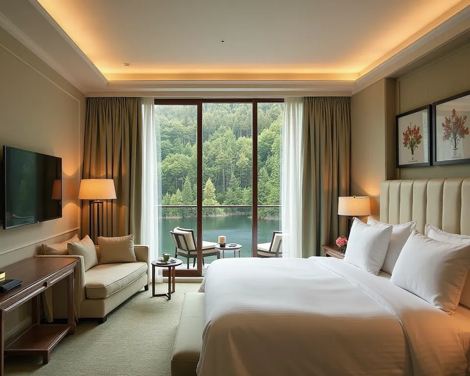 Executive Suite photo ideas at Lago Verde Hotel: French style, Viiew Quanlin Lake
Overall space: luxurious, with king-size bed, seating area, private balcony.
Colours: green moss,  Ivory white , create a sense of coziness and luxury.
Highlights:
bunks: Whi...